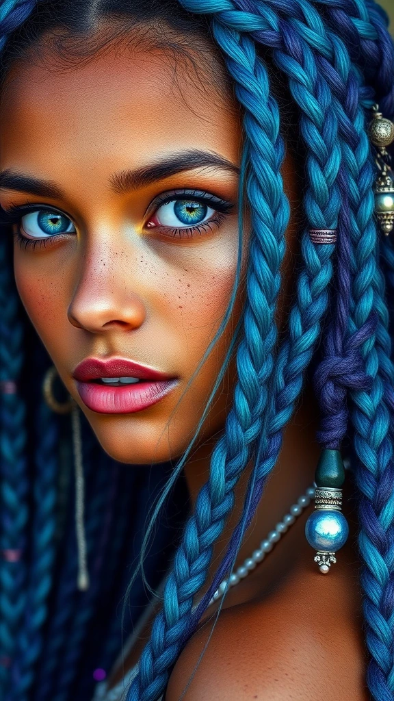 A hyper-realistic portrait of a young woman with intricate blue, turquoise, and purple braided hair cascading down her shoulders, adorned with iridescent beads and delicate silver jewelry. Her piercing azure eyes and sun-kissed freckles contrast against her olive skin. The elaborate
 bohemian headdress