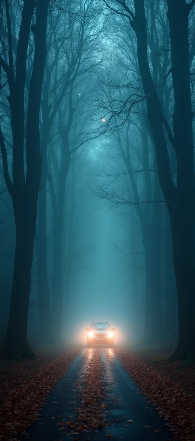 An astrophotograph of a foggy tunnel formed by intermingled and tangled branches of tall trees, with a car zooming through the scene, kicking up a trail of autumn leaves from the road. The atmosphere is mystical with soft, ethereal light filtering through the fog. The car's headlights cast beams through the mist, creating a sense of motion and speed. Stars faintly twinkle through gaps in the trees, adding a cosmic, dreamy element to the otherwise eerie, woodland setting.