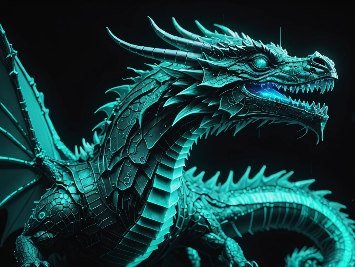 Dragon in the style of datamoshing , VHS glitch,highly detailed ,teal neon light,artifact effects