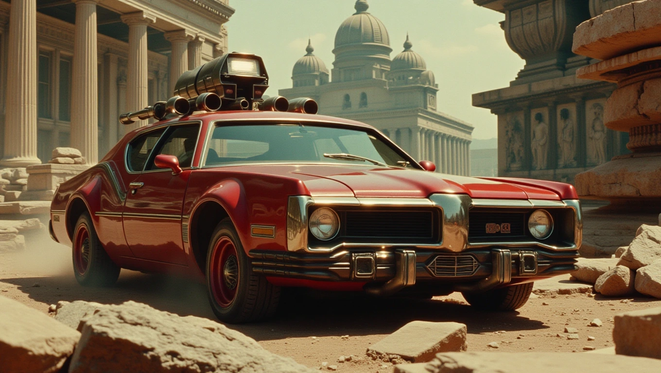 Romepunk ancient roman crimson and huge bronze ornate car surrounded by sci-fi roman imperial romepunk colossal city. Domes and columns. cinematic, epic realism,8K, highly detailed, documentary film still