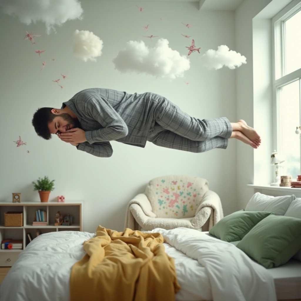 A surreal image of a modern, well-lit bedroom full of white clouds floating with birds and small aircraft with a man levitating horizontally above a bed. The man wearing a gray plaid pajama, and appears to be in a deep sleep or relaxed state, with his eyes closed. while the rest of his body is suspended in the air. 
The bed below him has a white, slightly disheveled sheet, with a mustard yellow blanket partially draped over the side. There are two pillows on the bed, one green and another with a colorful geometric pattern. 
In the background, a cozy upholstered chair with a white blanket draped over it is visible. To the left, there is an open shelf with books and decorative objects, and a potted plant on a dresser. The room is softly lit by natural light coming through a large window, illuminating the serene yet mysterious scene. The walls are light-colored, likely white or a very pale shade, which enhances the focus on the levitating man and the soft-toned elements in the room. The overall atmosphere is calm and serene, with the levitation adding a dreamlike, slightly unsettling contrast.