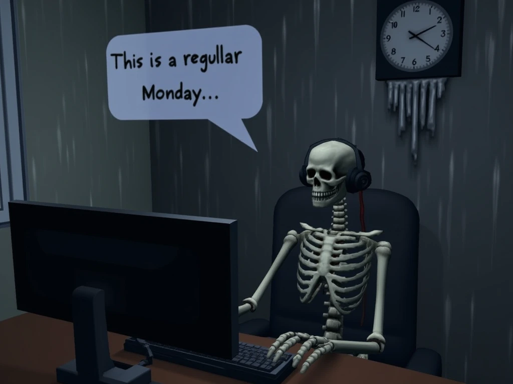 A skeleton who's working as a customer service representative in front of a computer dressed in black, raining outside on a text bubble says: "this is a regular Monday" and the clock is melting away on the wall