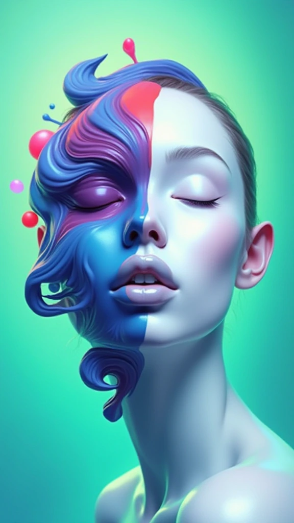 A surreal digital illustration of a stylized human face made up of abstract, fluid shapes, with a combination of smooth, flowing lines and sharp geometric edges. The left side of the face is formed by a mix of colorful, swirling liquid pop shapes in shades of deep blues and purples, while the right side features a more rigid, white, sculpted form with minimalist features. The lips are bright silver and glossy, positioned centrally, creating a striking focal point. The background is a gradient that transitions from cool mint-green at the center to a darker indigo at the edges, giving a glowing effect behind the abstract face. The overall style is futuristic and artistic, with a strong emphasis on contrast and symmetry.