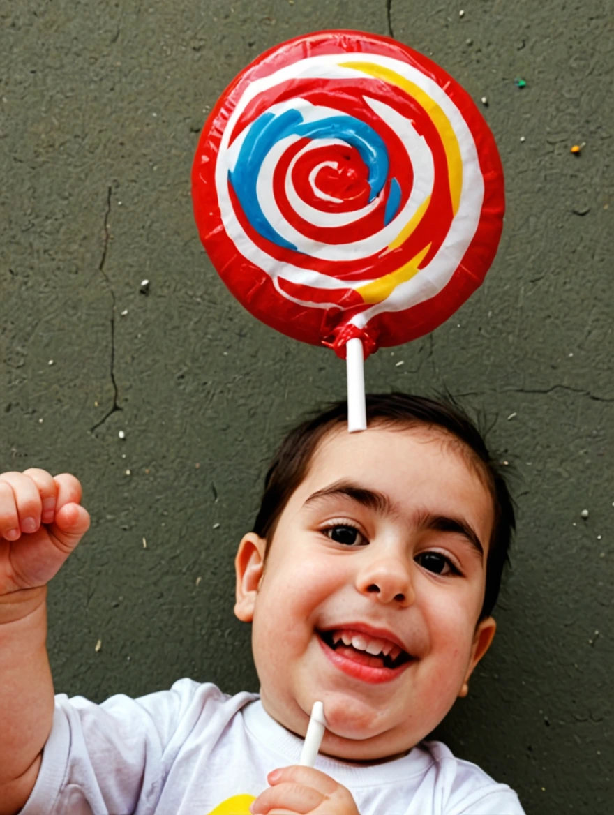 A baby holding a giant lolipop