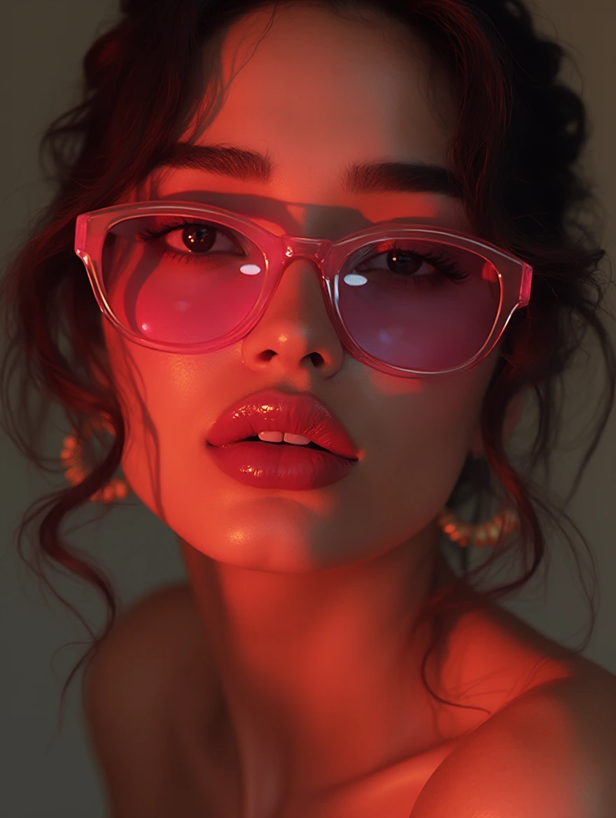 A high fidelity portrait posing a gorgeous woman with amazing glowing red luscious juicy lips and iridescent skin, interacted detailed lips, shining black eyes, trendy clear ear wear with pink larger frames. middle eastern aesthetics, hueFlow, minimal, centric, phenomenal. 8K