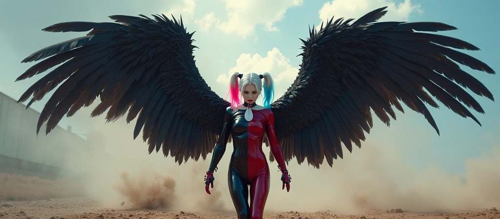 Fallen ang,el Harley Quinn, with white hair with bright pink and bright blue extensions,gigantic black feather wings ready to fly, wings are completetly visible, the wings are on fire,, long view, her superhero latex costume is unbuttoned, she has just landed, the dust swings up. cinematic, epic realism,8K, highly detailed, sad seductive vibe, dreamy vibe, oil painting with visible brush strokes, hyper realistic watercolor masterpiece, drawing, abstract art