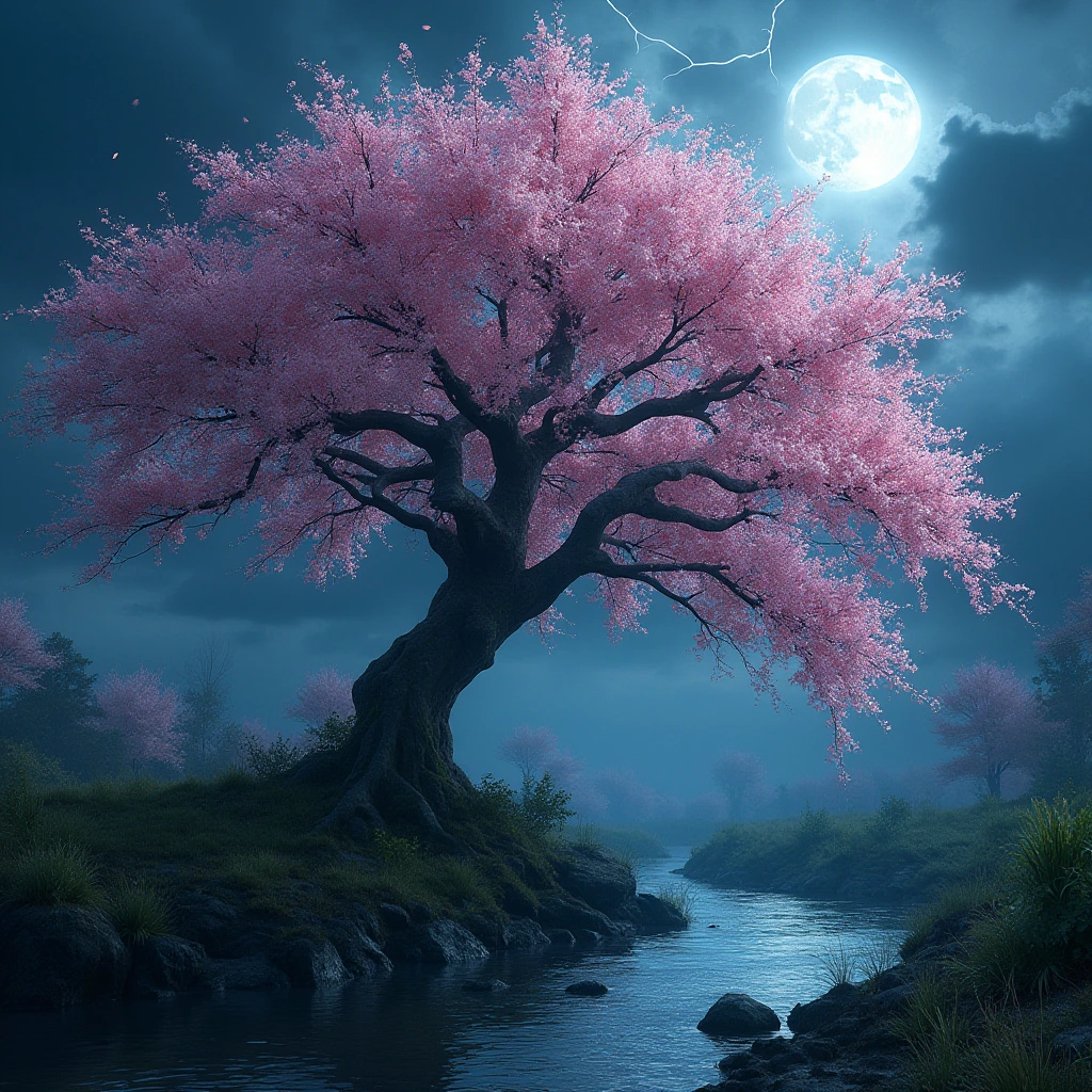 Generate a high-resolution, photorealistic image of a beautiful cherry tree in full bloom by a stream in a thunderstorm. The arrangement of windswept blossoms and boughs against the stormy sky creates the illusion of a haunting visage in the canopy, perhaps a demonic skull-like shape formed by the blossoms as the branches are blown by swirling winds
, hyper-detailed, moonlight, rendered in 8k resolution.