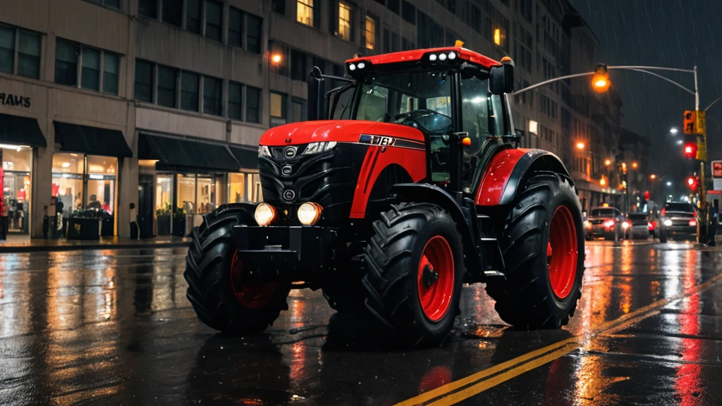 A giant red and black tractor muscle with red taillights driving down a wet city street at rainy night, reflecting the lights of the surrounding buildings and streetlights.