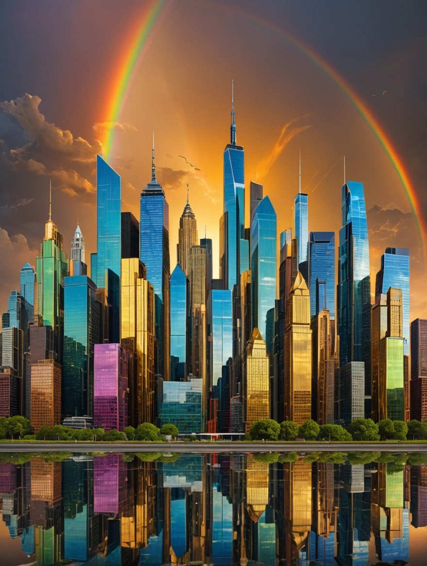 Skyline Rainbow buildings across an epic skyline, glass, gold, reflective, 3d