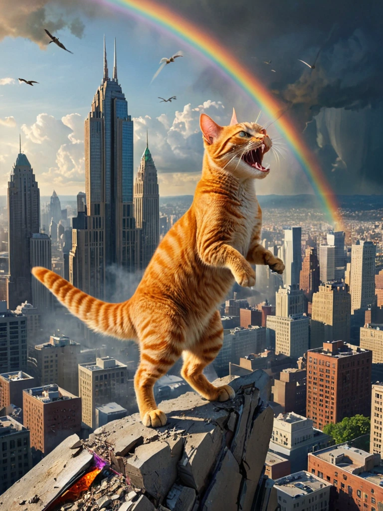 A majestic orange tabby cat with the features of a T-Rex towers over a bustling cityscape. Its reptilian eyes gleam with power and mischief as it unleashes a vibrant rainbow beam from its jaws. 

The cat's massive, muscular frame casts a looming shadow over the city below. Buildings crumble in its wake, as chaos and destruction ensue. Yet, amidst the mayhem, there is a blend of colorful magic - the rainbow beam emanating from the cat's mouth seems to infuse the scene with an otherworldly, photorealistic quality.

The juxtaposition of the cat's feline features with its T-Rex-like physique creates a captivating and fantastical creature. Its presence overwhelms the cityscape, challenging the viewer's sense of scale and perspective. This blending of the natural and the supernatural, the familiar and the bizarre, results in a truly awe-inspiring and visually stunning image.