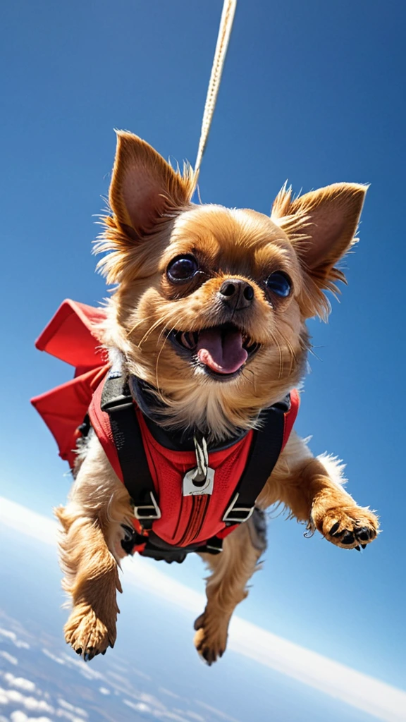 A fearless yorkshire terrier gracefully skydiving from a plane high above, wearing a vibrant red parachute with a confident expression on its face, capturing the perfect moment of adventure and courage in mid-air. The clear blue sky and fluffy white clouds create a stunning backdrop, while the sunlight illuminates the tiny details of the Chihuahua's sleek coat, emphasizing the exhilaration and thrill of this daring feat. An action-packed, adrenaline-filled snapshot in high definition.