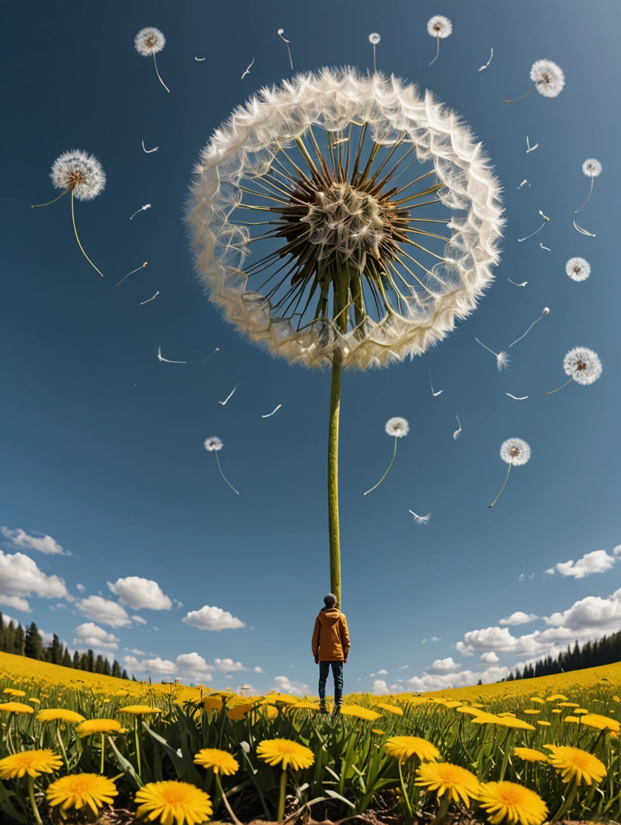 tiny man standing under a giant dandelion