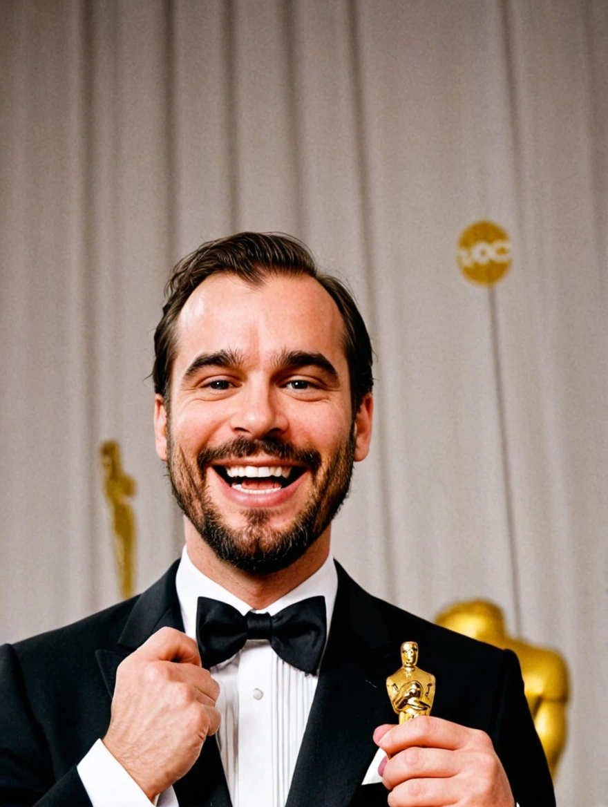 Man wearing a tuxedo winning an Oscar