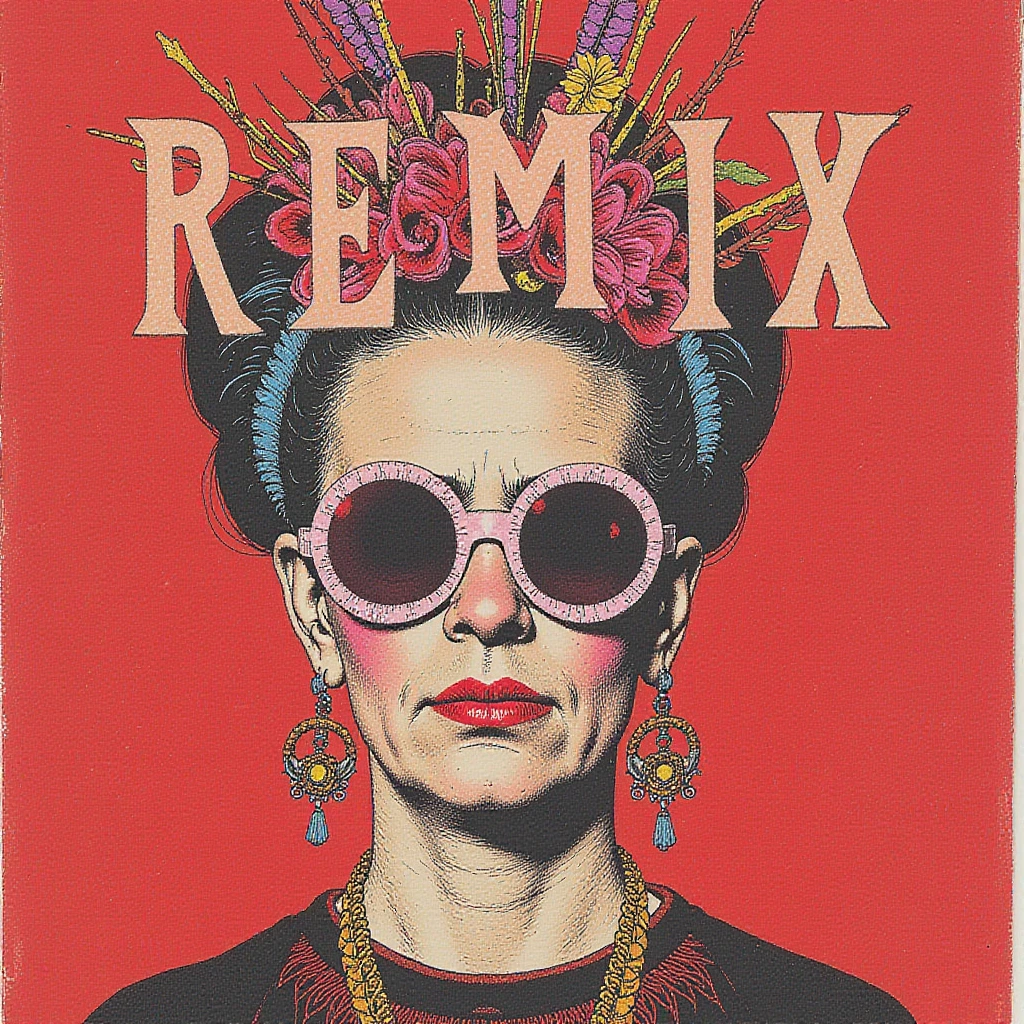 A wild proliferation of styles Friday Kahlo displayed under the word "REMIX". Red tshirt design