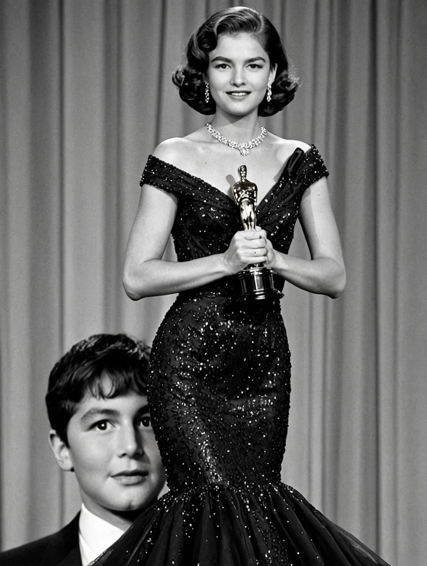 Woman wearing a glamorous dress winning an Oscar