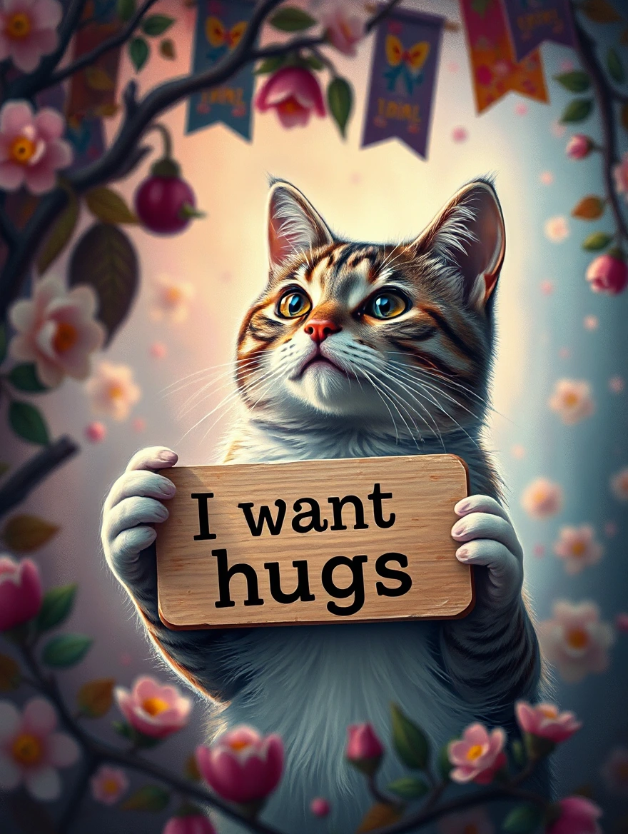 A masterpiece of painting that shows a beautiful, ultra-detailed cat holding a sign saying “I want hugs” through a distorted reality. The vivid color palette and intricate brushwork plunge viewers into a mesmerizing world of realistic enchantment, where the surreal beauty of nature stands out. The ambience is accentuated by cinematic lighting, heightening the atmosphere of mystical fantasy. Captured in crisp 1080p resolution, this lifestyle photograph invites you to immerse yourself in a realm of wonder and intrigue. Dramatic action