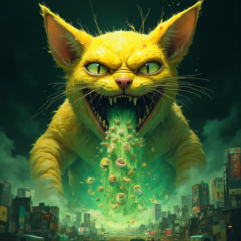 A towering, larger-than-life Homer Simpson Kaiju, with reptilian cat-like eyes gleaming with power and mischief, unleashes a vibrant stream of assorted donut chunks vomit from its jaws. The chaotic scene unfolds in a bustling cityscape below, with buildings crumbling and colorful magic adding an element of destruction in this photorealistic depiction.Close-up portrait with thick layer of oil paint and ferocity
Aggression in pastel shades
Nuragic fantasy color sublimation
double exposure
glitch+artifact with geometric pattern green-yellow-toxic
A close-up of a beautiful Sardinian cat Shardana i, with a characteristic ultra sexy Sardinian look, Sardinian beauty, her face is a masterpiece, close-up portrait in the style of Katsushika Hokusai and Tadaomi Kawasaki's masterpieces darkness, black background and green yellow-toxin. A beautiful Sardinian cat Shardana floating, aggressive, in an artistic style by Ohara Shôson and Jonh Buscema, aesthetically similar to the sexy Egyptian Nuragic cats. The artwork is composed of shades of green and yellow-toxin, this digital collaboration between artists Ohara Shôson and Jonh Buscema, captures a visually striking and energetic composition, perfectly blending their unique styles.  Create a Sardinian Egyptian Nuragic cat Shardana in the foreground that looks confident with a mesmerizing toxic green color blend, portrayed with the combination of Utagawa Kuniyoshi and Ando or Utagawa Hiroshige's styles. The colors blend into intricate swirls, creating a dreamy and ethereal back