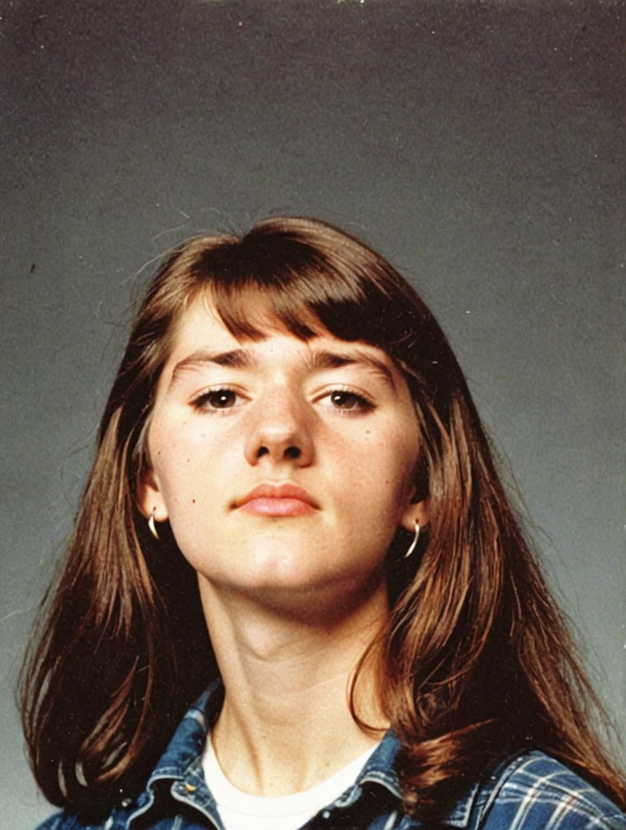 A 1993 yearbook photo of female high school student, plaid, jeans, hairspray, mini-skirts