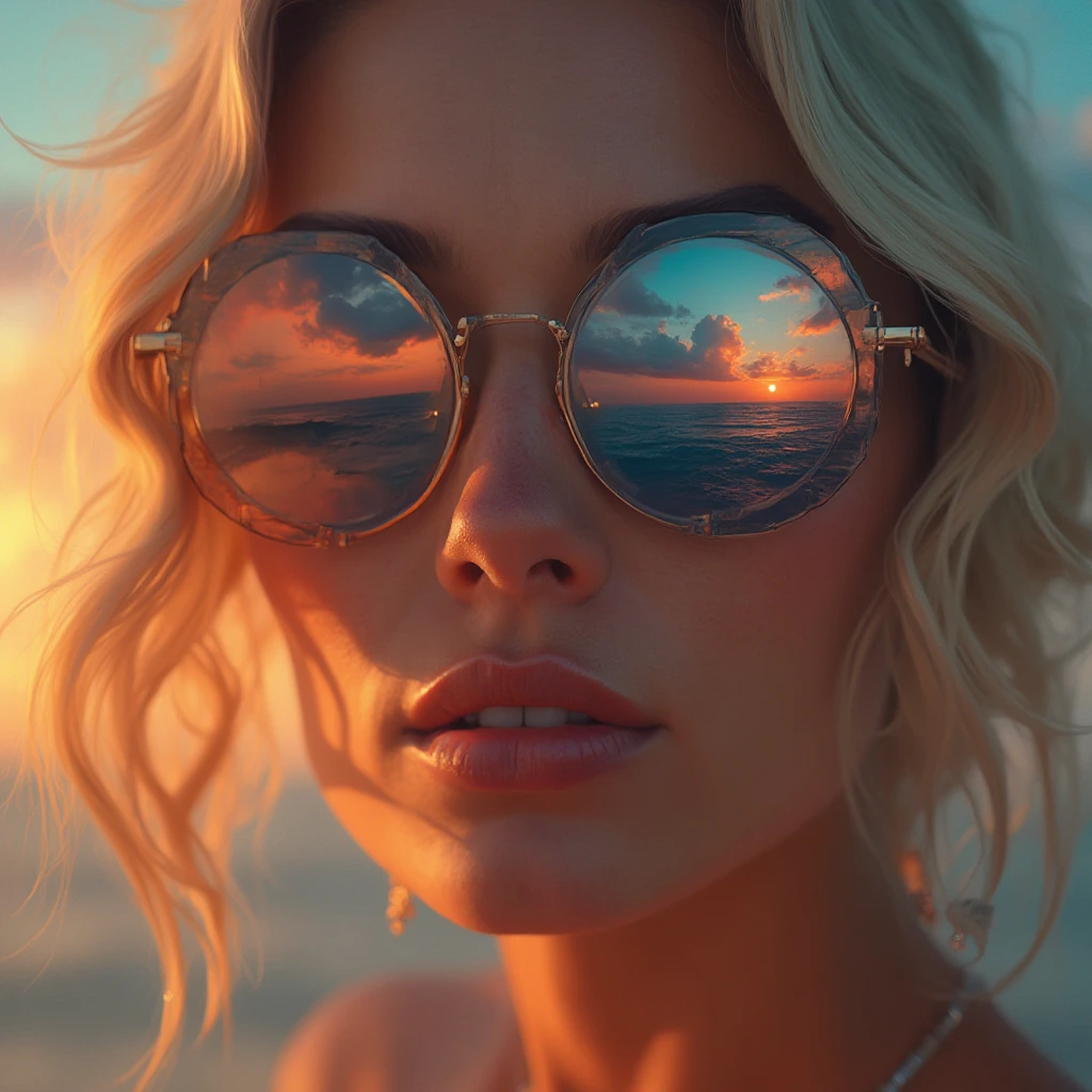 Close-up portrait of a woman wearing round sunglasses, reflecting a vibrant sunset over the ocean. Half her face is warm-toned, half cool-toned. Dramatic clouds in shades of orange and blue surround her. Hyper-realistic digital painting style. The woman has full lips and wavy blonde hair. Intense contrast and vivid colors. Surreal and dreamlike atmosphere. 8K resolution, highly detailed.