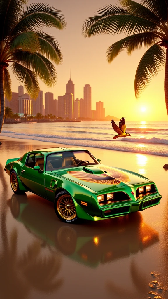 Highly detailed, photorealistic, 16K shot of an artistic lawn green 1978 Pontiac trans am firebird car with intricate custom paint, parked on a glistening beach with golden hues at sunrise.
Surrounding the scene are tall palm trees swaying gently, with a futuristic city skyline bathed in neon hues in the background. 
Above the car, a small, playful firebird with striking red eyes and glowing fiery feathers is hovering casually as if admiring the golden firebird printed on the car bonnet. Reflections of the car and the bird shimmer on the wet sand, while soft waves lap at the shore. The lighting highlights the car’s chrome details and creates dramatic contrasts between the warm sunset and cool city lights. Include scattered shells and subtle footprints around the car for added detail.