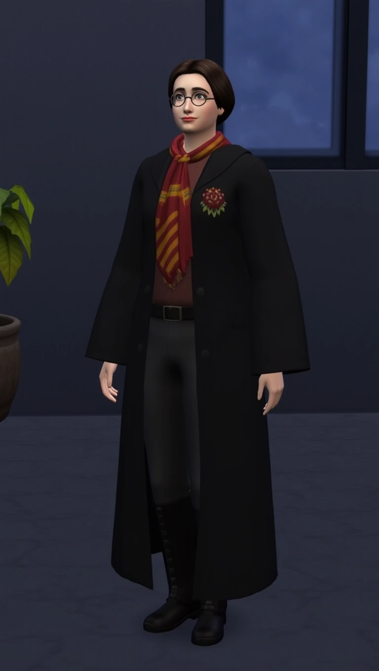 Harry Potter as a Sims 4 character, full body pose, Hogwarts background