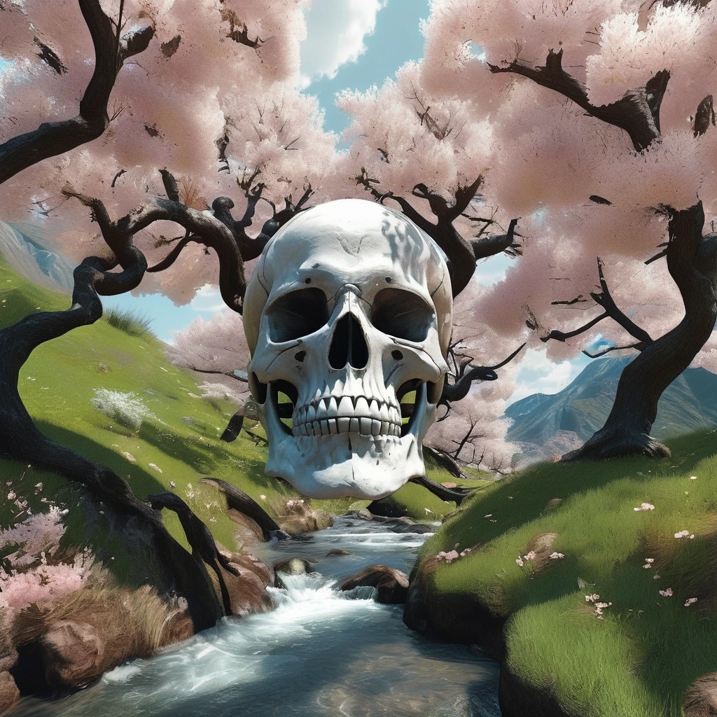 Generate a high-resolution, photorealistic image of a beautiful cherry tree in full bloom by a stream. The arrangement of windswept blossoms and boughs seems to hint at a demonic skull, as though through double exposure
, rendered in 8k resolution. In the style of Andy Goldsworthy and MC Escher