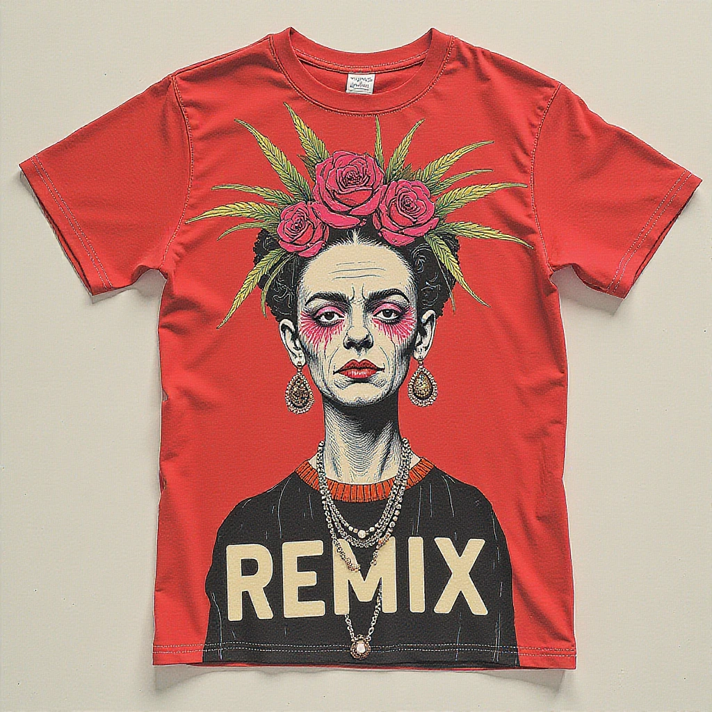 A wild proliferation of styles Friday Kahlo displayed under the word "REMIX". Red tshirt design