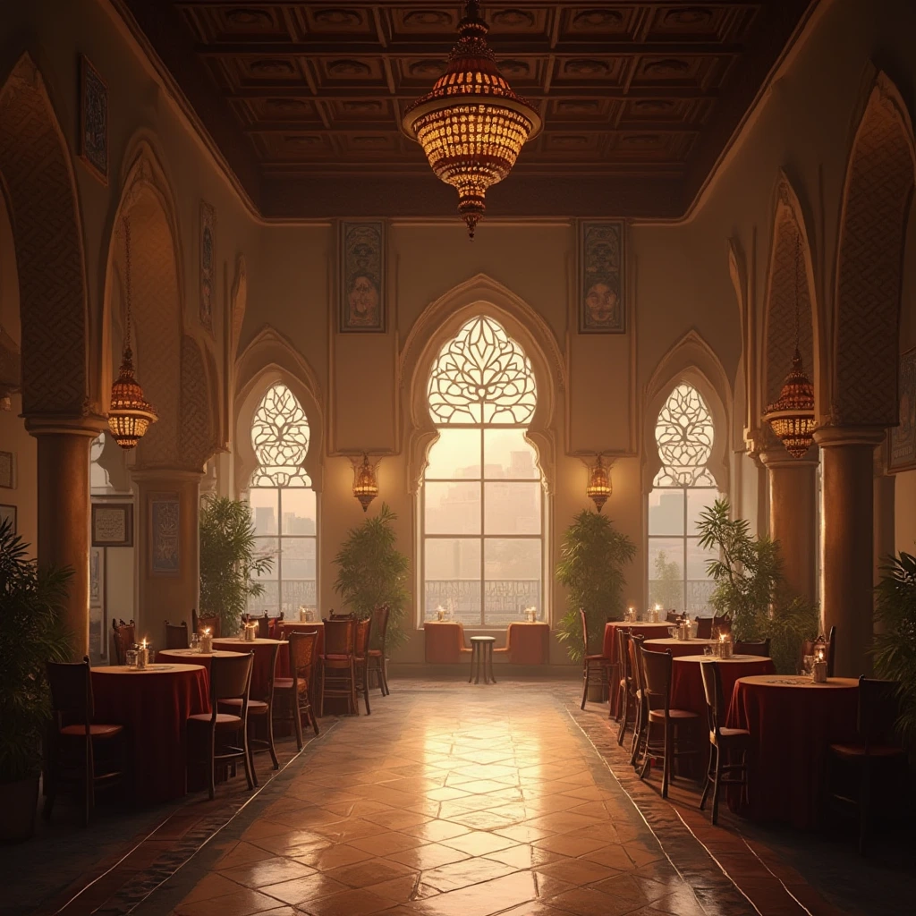 a hyper-realistic digital painting of a beautiful islamic Arabian style cafe at morning coffee