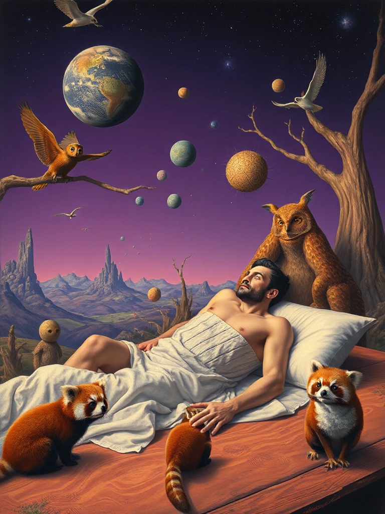 An otherworldly landscape inspired by Salvador Dali's surreal style, where a whimsical muscle shirtless man lying in bed is placed under a starry purple sky, surrounded by bizarre and dreamlike scenery with creatures as brown owls and red pandas cub . Hyper detailed.