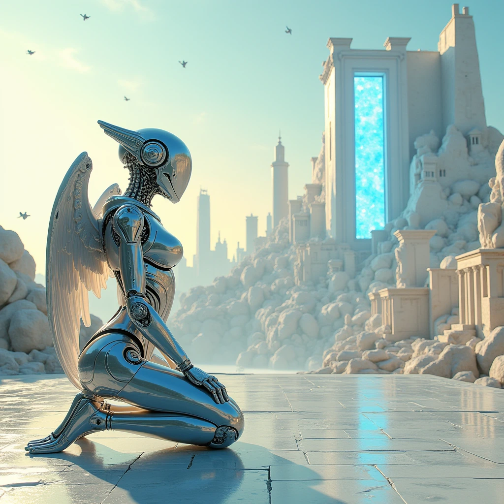 A Greco-Futurism styled cityscape blending ancient Greek architectural elements with futuristic buildings rises against the horizon. The skyline showcases a fusion of marble temples, statues, and columns harmonizing with sleek skyscrapers, flying vehicles, and holographic billboards. The color palette plays with whites, golds, and hints of neon blue accents to create a mesmerizing contrast. The scene invites viewers to ponder the coexistence of past and future in a vibrant and dynamic metropolis.


A futuristic female robotic warrior made of High Purity Titanium Steel (10% chromium) kneels in the Liquid Metal World Universe, conducting a complex repair. Her razor-sharp wings exude a fierce aura as she reverently approaches the Gateway. Neon bioluminescent gradients dance off intricate circuitry patterns on her metallic skin, while cybernetic enhancements pulse with blue light, enhancing her powerful appearance against the alien landscape. The scene is crafted in a photorealistic style with surreal elements, heightened by vivid colors, intricate details, and a cinematic flair.