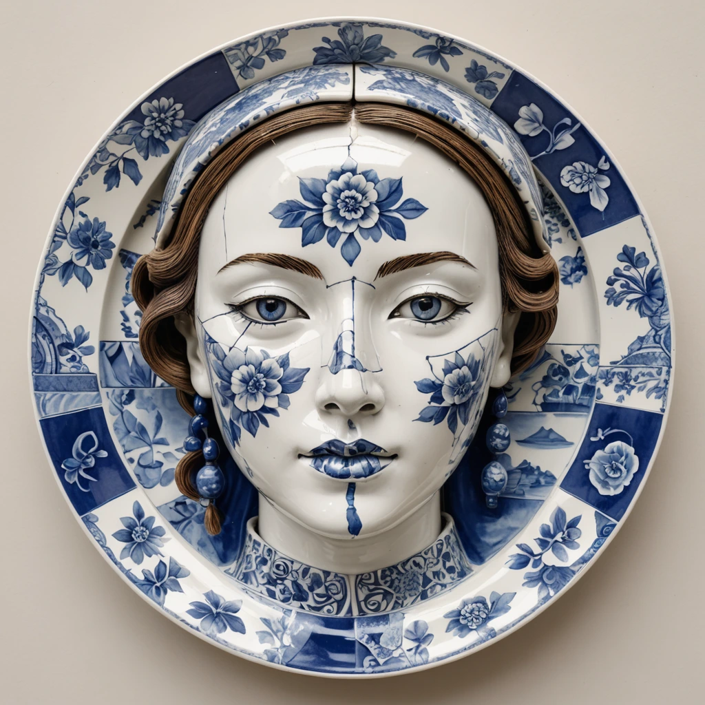 Create a womans face, pieced together from broken delftware and chinaware.