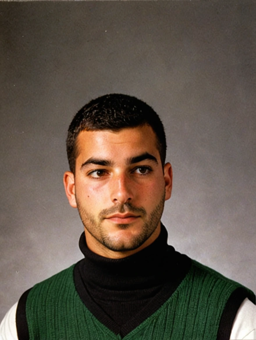 A 1993 yearbook photo of male high school student, turtlenecks, sweater vests, middle-part hairstyle