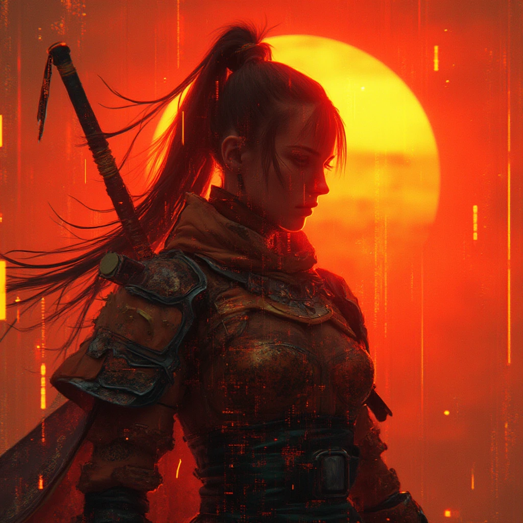 Female Cyberpunk Samurai in the style of datamoshing, VHS glitch, highly detailed, orange neon light, artifact effects, stylised orange sun backdrop