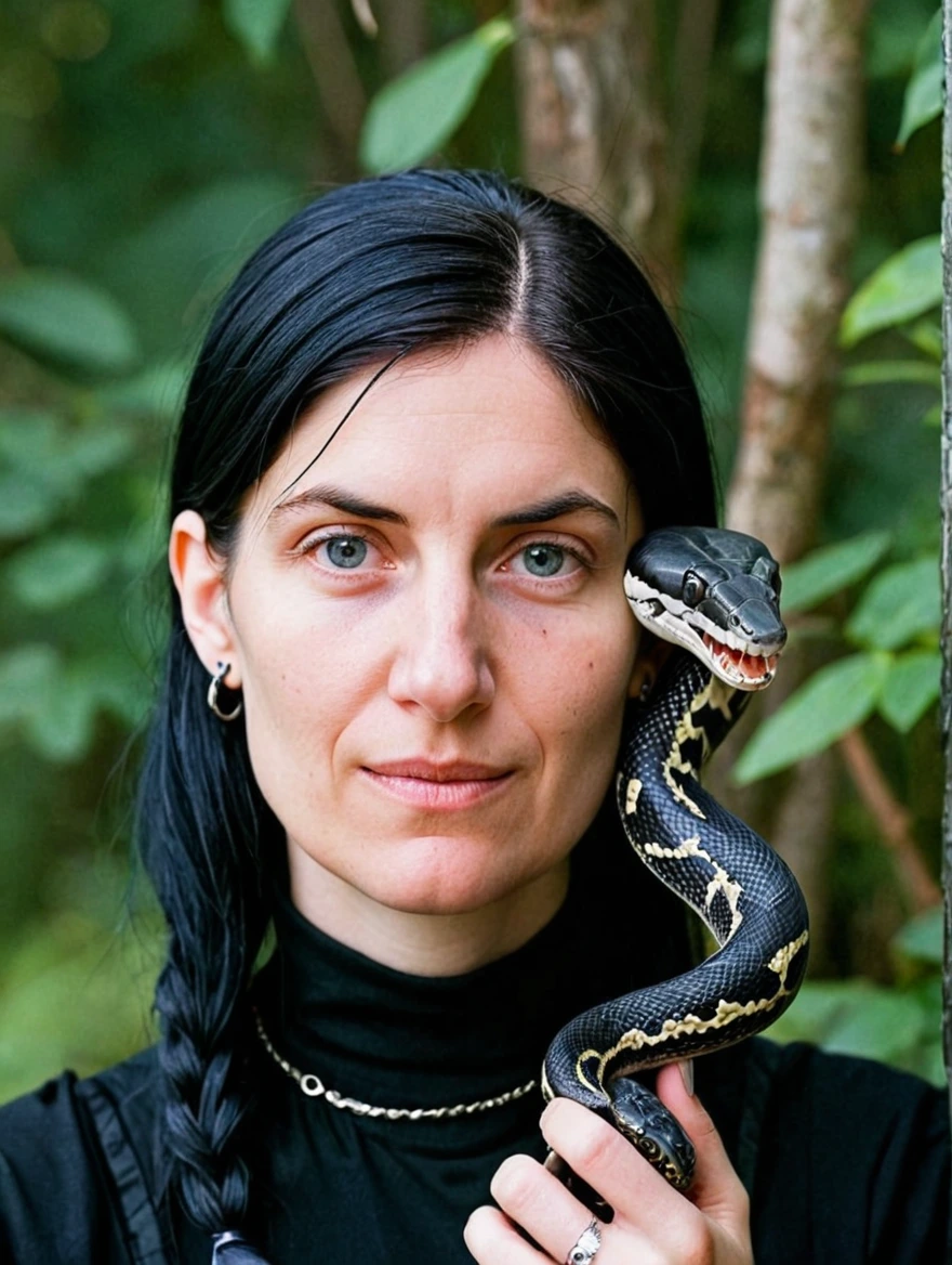 A female goth with piercings and a pet snake