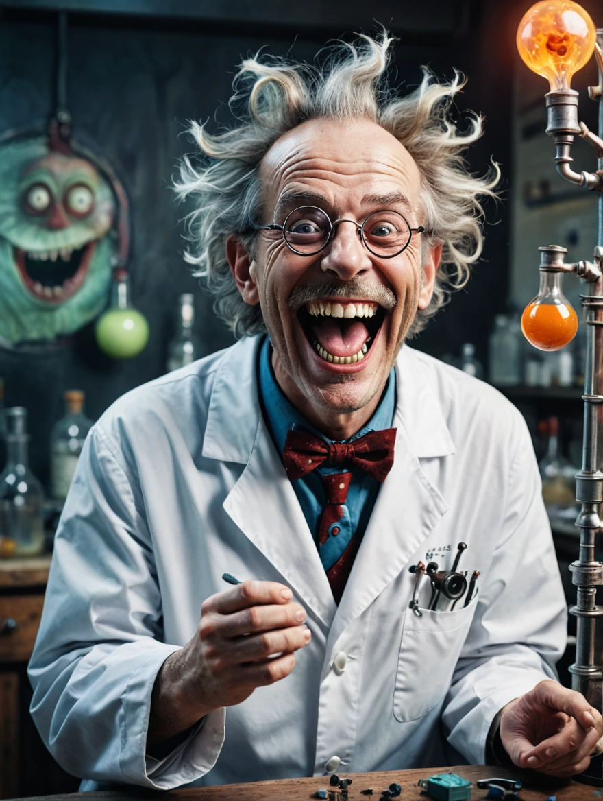 A mad scientist is laughing in joy at his monstrous creation spooky vibe, surrealist style, fantastical, magical, unexpected, super detail, dreamy lo-fi photography, colorful