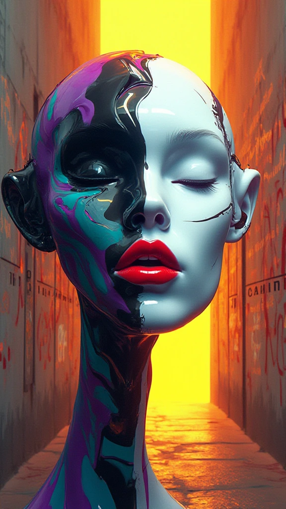 A surreal digital illustration of a stylized human face made up of abstract, fluid shapes, with a combination of smooth, flowing lines and sharp geometric edges. The left side of the face is formed by a mix of colorful, swirling liquid shapes in shades of purple, teal, and black, while the right side features a more rigid cybernetic, white, sculpted form with digital and mechanical features. The lips are bright red and glossy, positioned centrally, creating a striking focal point. The background is an eerie prison cell whit red graffiti that transitions from warm yellow-orange at the center to a darker shade at the edges, giving a glowing effect behind the abstract face. The overall style is futuristic and artistic, with a strong emphasis on contrast and symmetry.