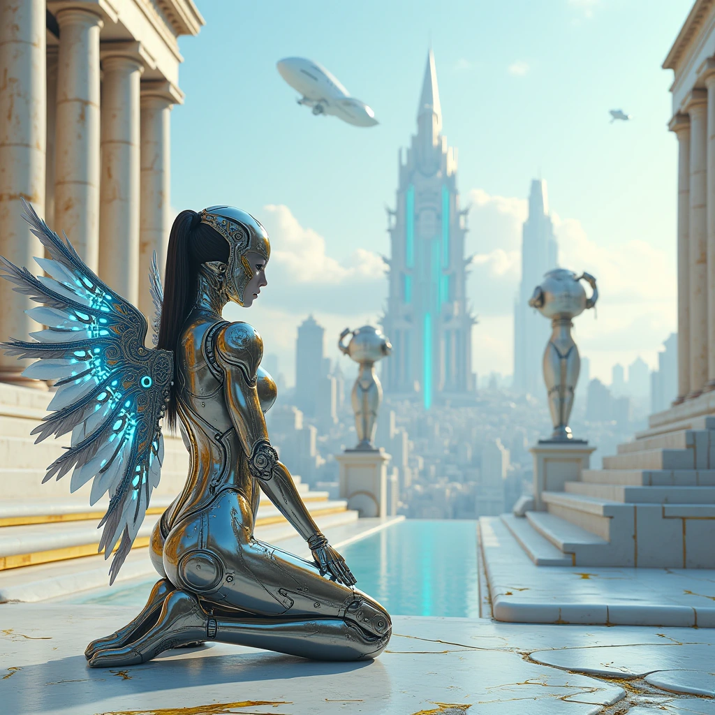 A Greco-Futurism styled cityscape blending ancient Greek architectural elements with futuristic buildings rises against the horizon. The skyline showcases a fusion of marble temples, statues, and columns harmonizing with sleek skyscrapers, flying vehicles, and holographic billboards. The color palette plays with whites, golds, and hints of neon blue accents to create a mesmerizing contrast. The scene invites viewers to ponder the coexistence of past and future in a vibrant and dynamic metropolis.


A futuristic female robotic warrior made of High Purity Titanium Steel (10% chromium) kneels in the Liquid Metal World Universe, conducting a complex repair. Her razor-sharp wings exude a fierce aura as she reverently approaches the Gateway. Neon bioluminescent gradients dance off intricate circuitry patterns on her metallic skin, while cybernetic enhancements pulse with blue light, enhancing her powerful appearance against the alien landscape. The scene is crafted in a photorealistic style with surreal elements, heightened by vivid colors, intricate details, and a cinematic flair.