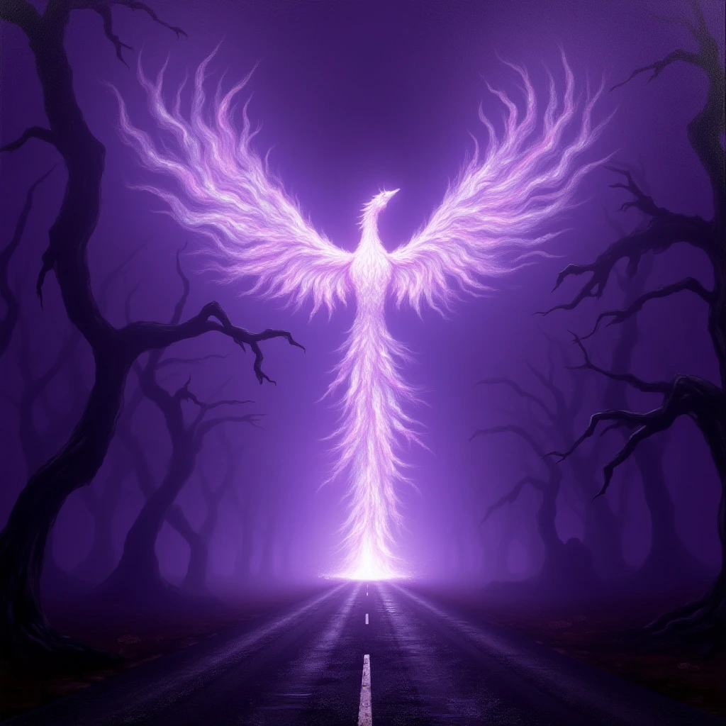 An hyper realistic, hyper, detailed, impasto painting of a foggy road enveloped in a dense, swirling purple mist, with silhouettes of twisted, ancient trees barely visible through the haze. In the center of the road, an astonishing and mysterious figure emerges: a colossal, luminescent phoenix made entirely of swirling flames and iridescent diamond feathers. Its wings are spread wide, and it emits a radiant, ethereal back-lit glow that illuminates the fog, creating a mesmerizing play of light and shadow. The impasto technique uses thick, textured brushstrokes to give depth and dimension to the phoenix’s feathers and the surrounding mist, capturing an otherworldly and captivating scene.