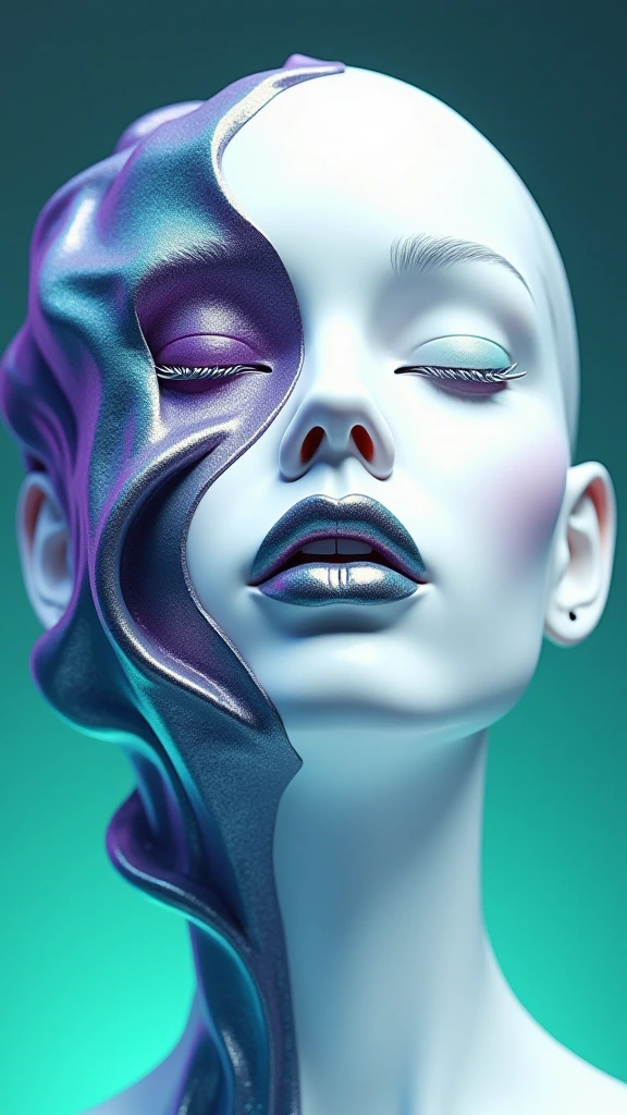 A surreal digital illustration of a stylized human face made up of abstract, fluid shapes, with a combination of smooth, flowing lines and sharp geometric edges. The left side of the face is formed by a mix of colorful, swirling voluminous glitter liquid pop shapes in shades of deep blues and purples, while the right side features a more rigid, white, sculpted form with minimalist features. The lips are bright silver and glossy, positioned centrally, creating a striking focal point. The background is a gradient that transitions from cool mint-green at the center to a darker indigo at the edges, giving a glowing effect behind the abstract face. The overall style is futuristic and artistic, with a strong emphasis on contrast and symmetry.