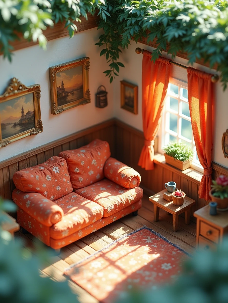 A intricately detailed 3D isometric diorama model of a cozy Austrian countryside cottage room, showcasing an array of objects, ornaments, and patterns. The scene is meticulously designed with vibrant colors sourced from World of Interiors magazine, inviting you to explore every intricate detail in this whimsical setting.