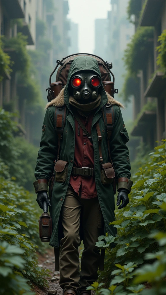 A photorealistic image showcases a post-apocalyptic explorer clad in a weathered dark green coat with fur lining, red shirt, adorned with belts, straps, and gear pouches. The explorer dons a futuristic gas mask featuring large, red-tinted lenses, metallic components, emitting an advanced technology aura. With gloved hands clutching a backpack filled with survival gear, the explorer navigates an abandoned urban setting overgrown with lush green vegetation and scattered technology remnants. The scene is enveloped in a mysterious and eerie atmosphere, illuminated by dim foliage-filtered lighting, evoking themes of survival, adventure, and discovery in a dystopian world.