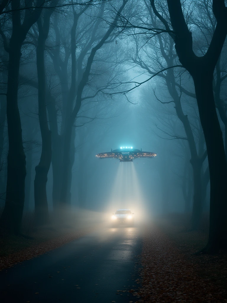 An astrophotograph of a foggy tunnel formed by intermingled and tangled branches of tall trees, with an aliens UFO spaceship on the road, zooming through the scene, kicking up a trail of autumn leaves from the road. The atmosphere is mystical with soft, ethereal light filtering through the fog. The spaceship's numerous lights headlights cast beams through the mist, creating a sense of motion and speed. Stars faintly twinkle through gaps in the trees, adding a cosmic, dreamy element to the otherwise eerie, woodland setting. Surrealistic image of alien spaceship above the road