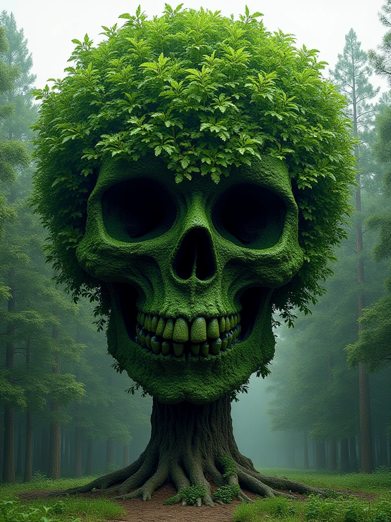 A breathtakingly realistic 8K resolution photograph of a large, lush tree in a tranquil forest setting. The dense canopy of green leaves at the top of the tree has been meticulously arranged to form the subtle yet unmistakable outline of a demonic skull face. The skull is crafted entirely from the natural shapes and textures of the leaves, with the background forest visible through the spaces between the leaves to create the impression of the skull's features. The design is remarkably intricate, requiring close inspection to fully discern the eerie visage hidden within the treetop. The lighting is natural and the details are crisp, creating a sense of photographic realism. Everything about the image, from the tree's majestic form to the unsettling skull hidden within, should captivate the viewer's attention.