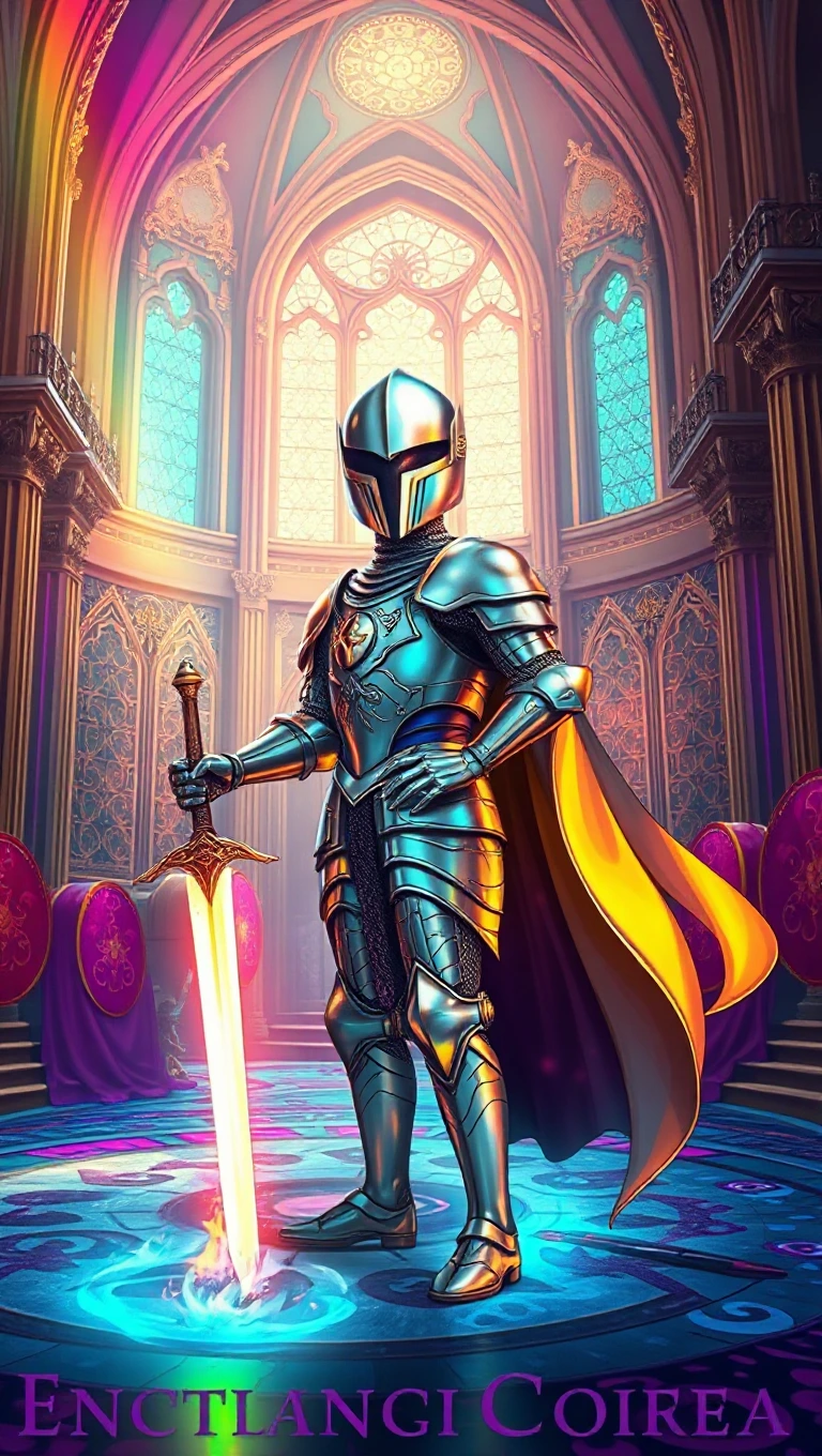 A stunning knight clad in shimmering armor, adorne…