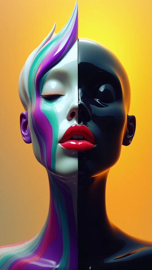 A surreal digital illustration of a glossy stylized human face with closed eyes made up of abstract, fluid shapes, with a combination of smooth, flowing lines and sharp geometric edges. The left side of the face is formed by a mix of colorful, swirling liquid wavy shapes moving upwards in shades of purple, teal and white and covering half of the face entirely, while the right side features a more rigid, black, separated sharply in the middle. sculpted form with minimalist features. The lips are bright red and glossy, positioned centrally, creating a striking focal point. The background is a gradient that transitions from warm yellow-orange at the center to a darker shade at the edges, giving a glowing effect behind the abstract face. The overall style is futuristic and artistic, with a strong emphasis on contrast and symmetry.