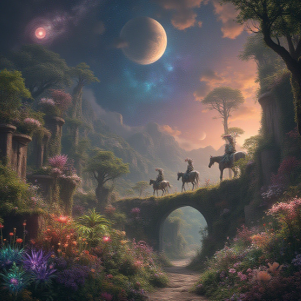 A galactic garden at dusk, filled with bioluminescent plants that have more petal numbers than on earth, glowing in different colors, fantastic creatures, horses with alien armor flying around huge planets and moons. The whole scene is magical, with gardens hanging from gravity holes and bridges made of stardust, this alien scene is captured in high resolution.