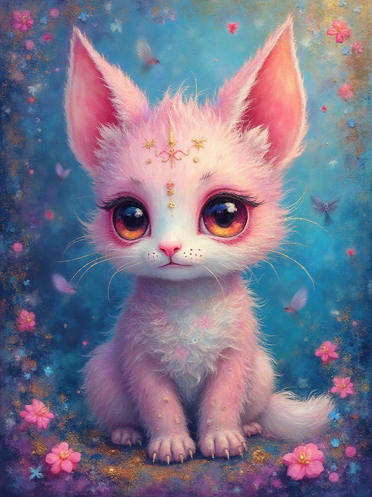 Create a close-up of an adorable chibi fantasy creature with a mesmerizing blend of pastel alcohol ink and acrylic glitter paint, painting inspired by the whimsical styles of Michael Cheval, Luis Royo, and Mucha reminiscent mashup of Nordic and Scandinavian art styles. Vibrant colors blend in intricate swirls, creating a dreamy, ethereal background reminiscent of a mystical Candyland. Subtle grunge elements add a touch of dark charm, while hints of a benevolence whimsical appearance float through the composition. The distinctive styles of each artist intertwine, inviting viewers into an enchanting, otherworldly realm of artistic wonder.