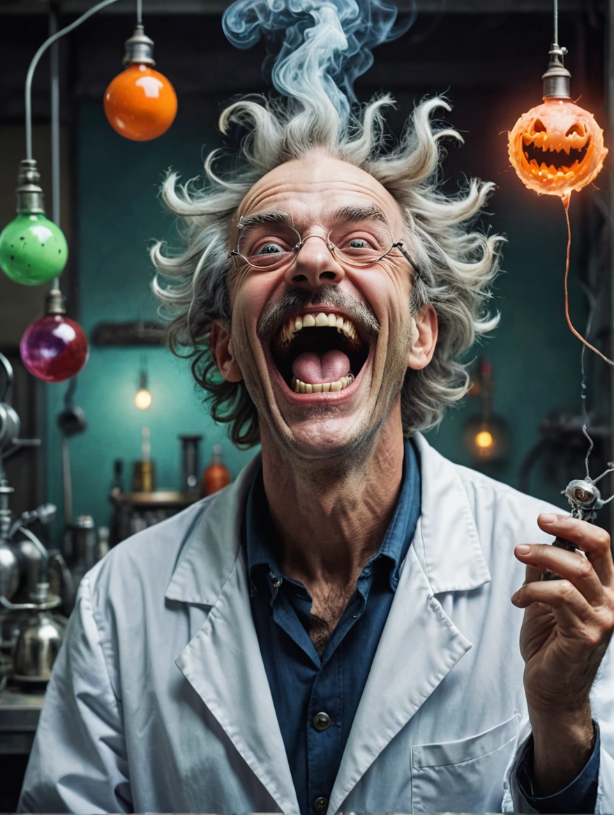 A mad scientist is laughing in joy at his monstrous creation spooky vibe, surrealist style, fantastical, magical, unexpected, super detail, dreamy lo-fi photography, colorful