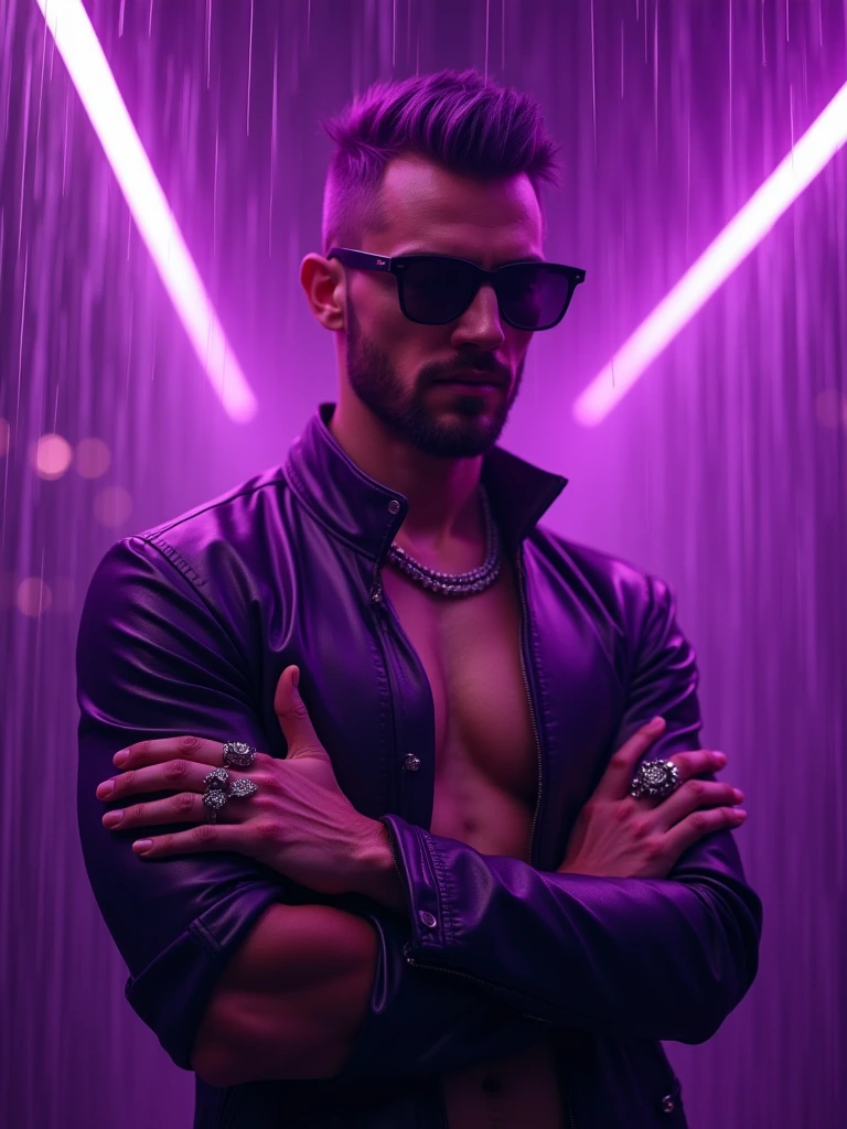 A handsome muscle shirtless man in Purple leather adorned with big black rings, virile, attractive, posing virile, muscle veins, wet, purple hair, short hair lit, estilized short beard, black leather sunglasses, powerful fashion poses, geometric, linear. Purple neon rain in the background. 8k hyper detailed