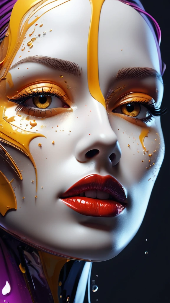 A surreal digital illustration of a stylized human face made up of abstract, fluid shapes, with a combination of smooth, flowing lines and sharp geometric edges. The left side of the face is formed by a mix of colorful, swirling liquid shapes in shades of glittery golden specks, purple, teal, and black, wet dripping down, while the right side features a more rigid cybernetic, white, sculpted form with digital and mechanical features. The lips are bright red and glossy, positioned centrally, creating a striking focal point. The background is an eerie prison cell red graffiti that transitions from warm yellow-orange at the center to a darker shade at the edges, giving a glowing effect behind the abstract face. The overall style is futuristic and artistic, with a strong emphasis on contrast and symmetry.